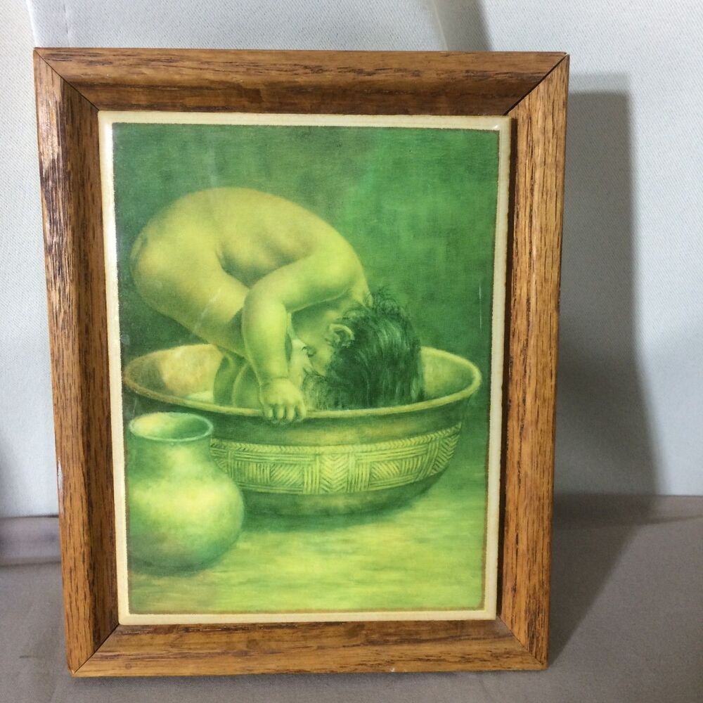 Vintage Bill Hampton Bottoms Up Native American Ceramic Tile Oak Frame 1970s